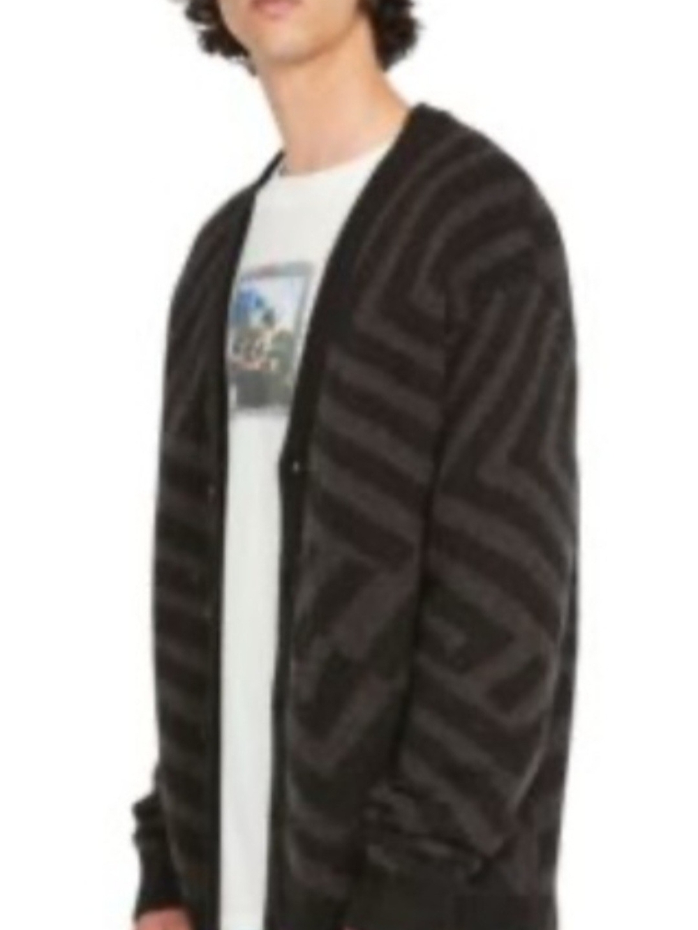 Volcom Driftop Abstract Geometric Stripe Cardigan in Black/Gray V Neck Size M